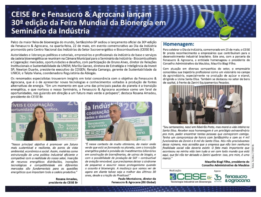 CEISE Br e Fenasucro & Agrocana lançam 30ª edição da Feira Mundial da Bionergia em Seminário da Indústria
