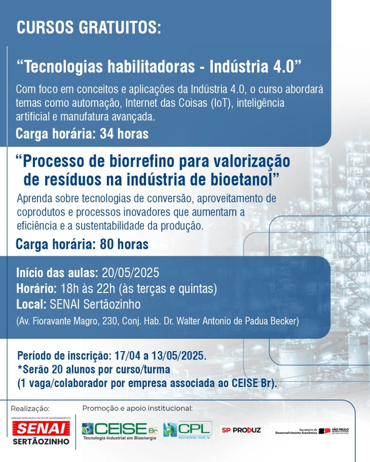 Cursos gratuitos | parceria SENAI e CPL Bioenergia CEISE Br