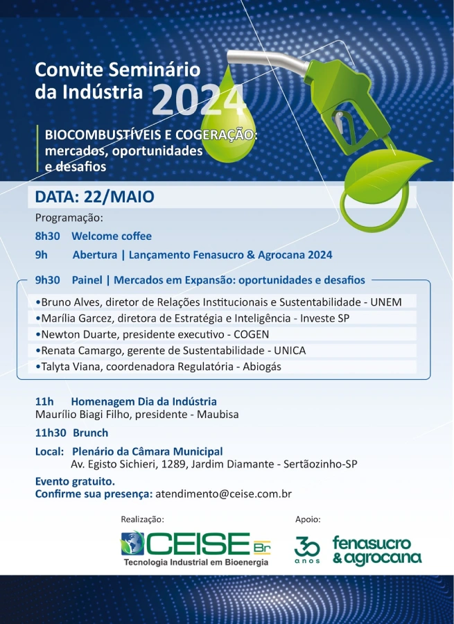 CEISE Br e Fenasucro & Agrocana lançam 30ª edição da Feira Mundial da Bionergia em seminário comemorativo ao Dia da Indú